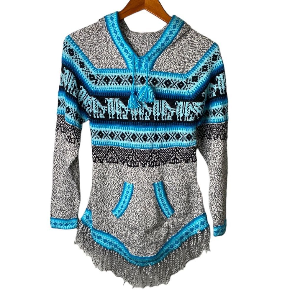 Ecologic Arts Vintage 100% Alpaca Aztec Geo Fringe Knit Hooded Sweater Tassel